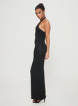 side view of model wearing Princess Polly Spicy Maxi Dress Black Petite Plunger 