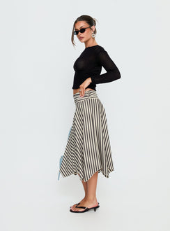   side view of model wearing Princess Polly Cobee Asymmetrical Midi Skirt Multi Stripe Midi Skirts 