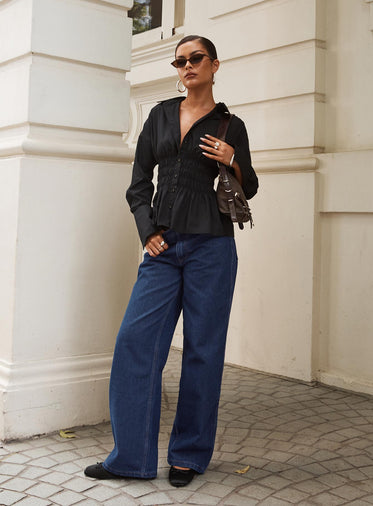 As You Are Shirred Button Up Top Black