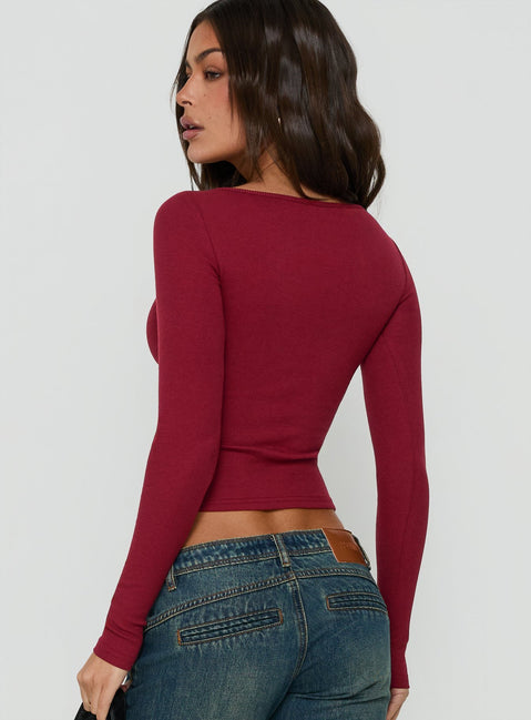 Baseline Rib Scoop Neck Long Sleeve Reversible Top Cherry Lacquer