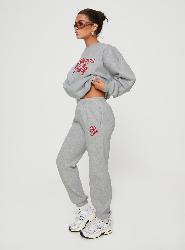 Princess Polly Track Pants Cursive Text Grey Marle/ Red