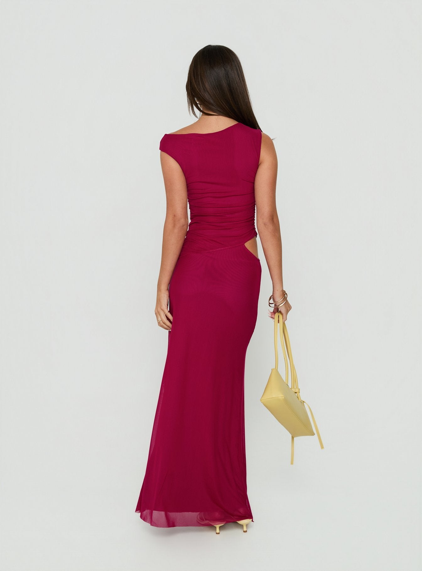 Krystyna Off Shoulder Ruched Mesh Maxi Dress Berry