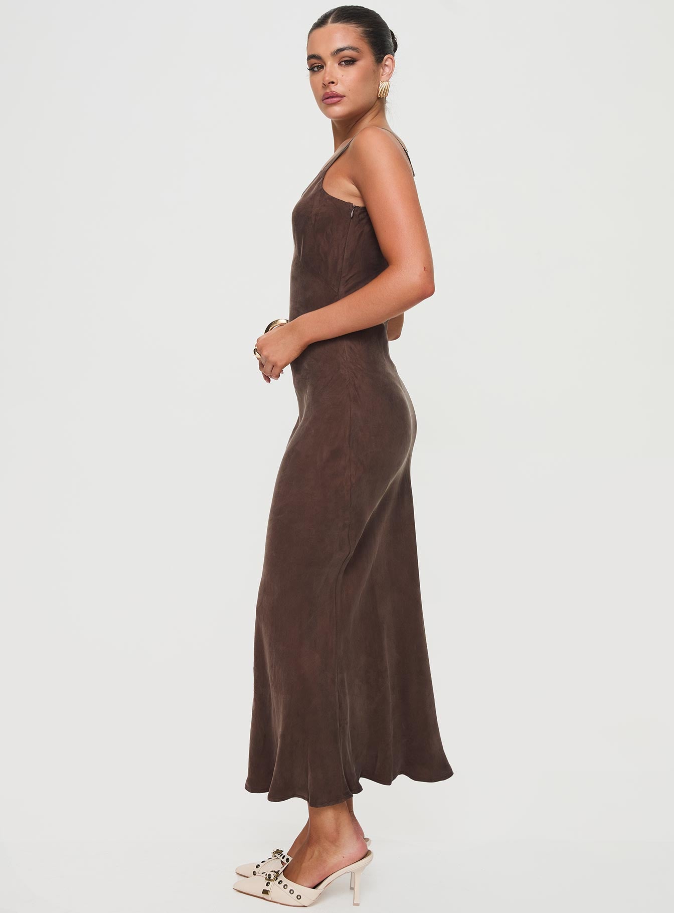 side view of model wearing Princess Polly Laurette Maxi Dress Brown Plunger 
