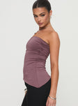 side view of model wearing Princess Polly Galan Strapless Top Purple Sleeveless straight 