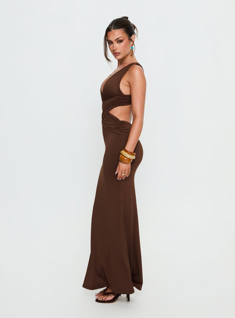 dark brown maxi dress ELODIE CHOC LONG SLEEVE evening events Brown Cowl Neck Halter Maxi
