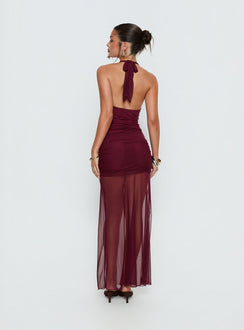burgundy sheer maxi dress ASOS DESIGN halterneck panelled sheer lace maxi dress in burgundy