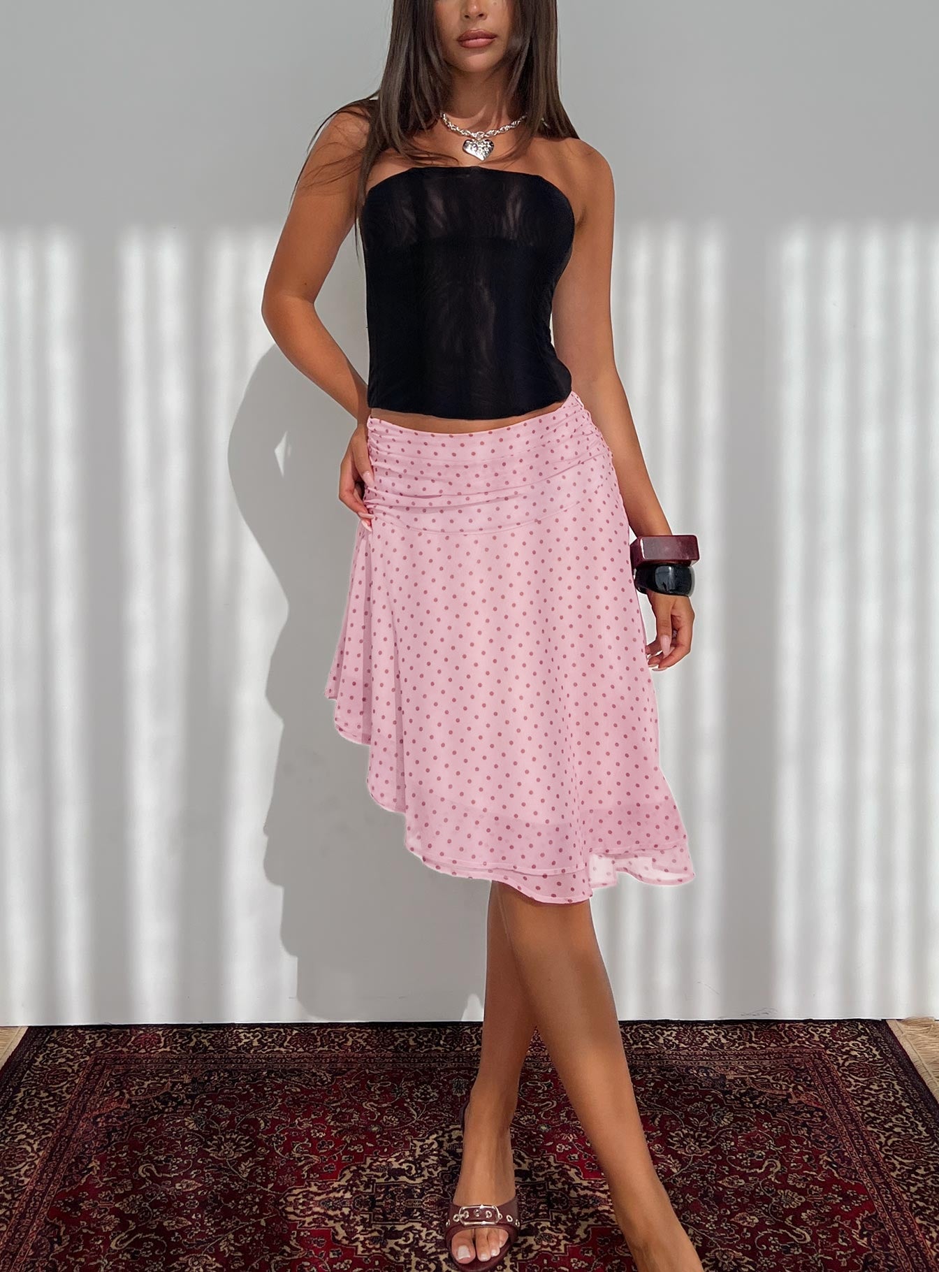 Evanescence Asymmetrical Midi Skirt Pink Polka Dot