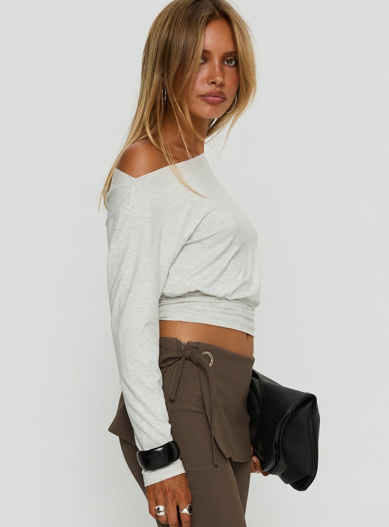 Ashlinn Off Shoulder Long Sleeve Drapey Top Grey Marle