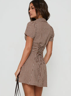 Pique Button Down Mini Dress Brown Gingham