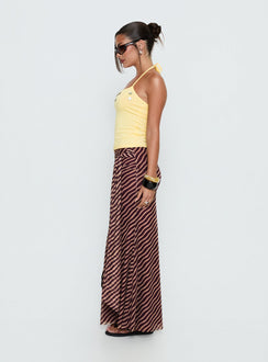   side view of model wearing Princess Polly Caviar Tie Maxi Skirt Brown Stripe Maxi Skirts 