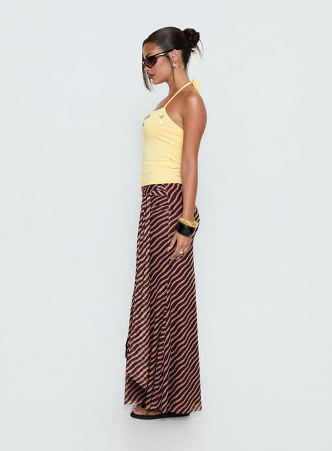   side view of model wearing Princess Polly Caviar Tie Maxi Skirt Brown Stripe Maxi Skirts 