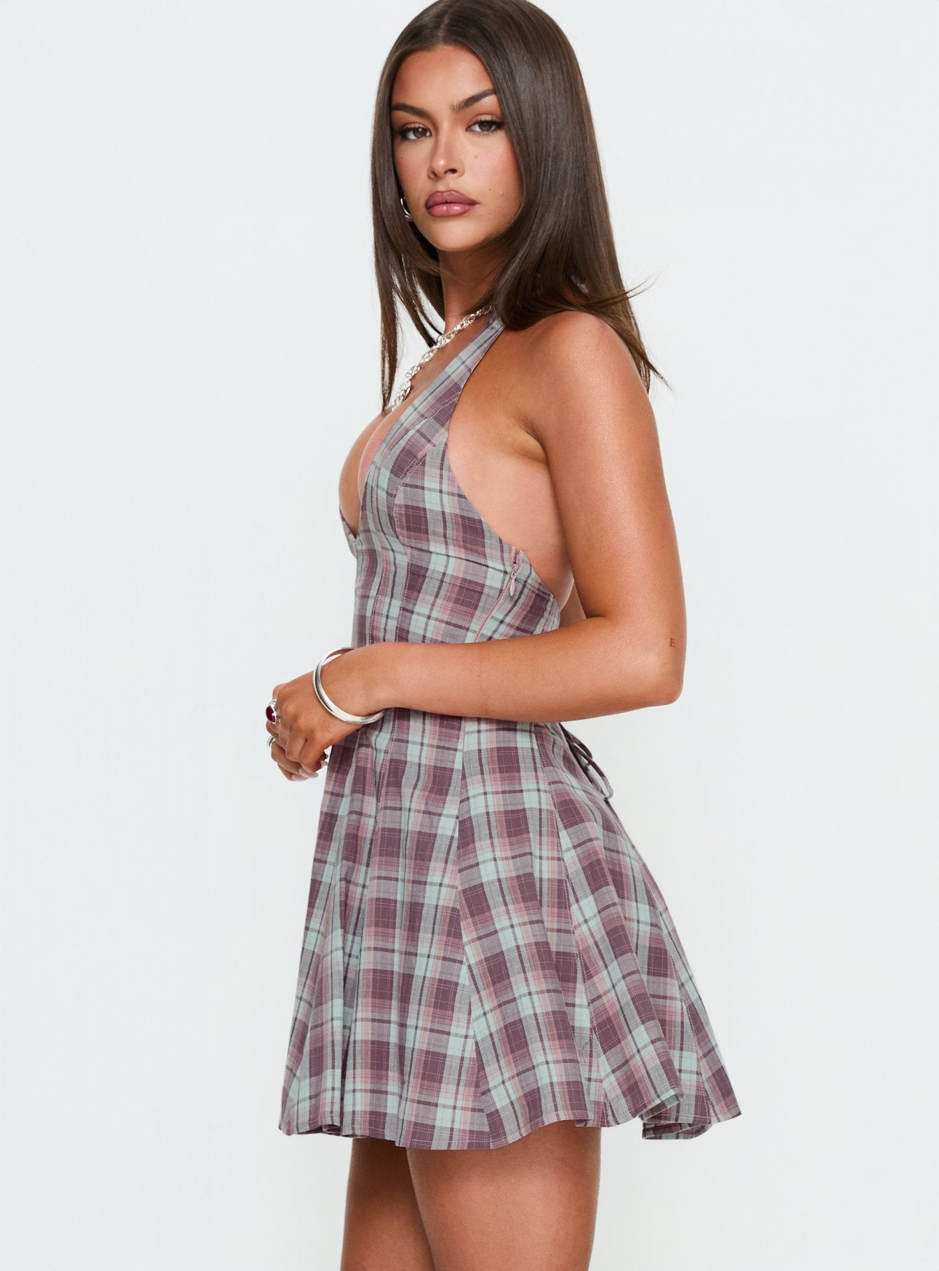 Out Of Nowhere Halter Mini Dress Burgundy / Pink Check | Princess