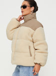 Oversized teddy puffer jacket High neck, twin hip pocket, zip fastening at front