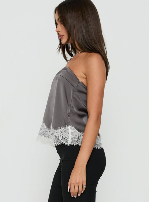 Sheyla Strapless Satin Lace Trim Top Grey / White
