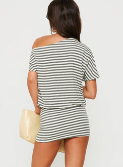 Jamelle Off Shoulder Mini Dress Charcoal / Cream Stripe