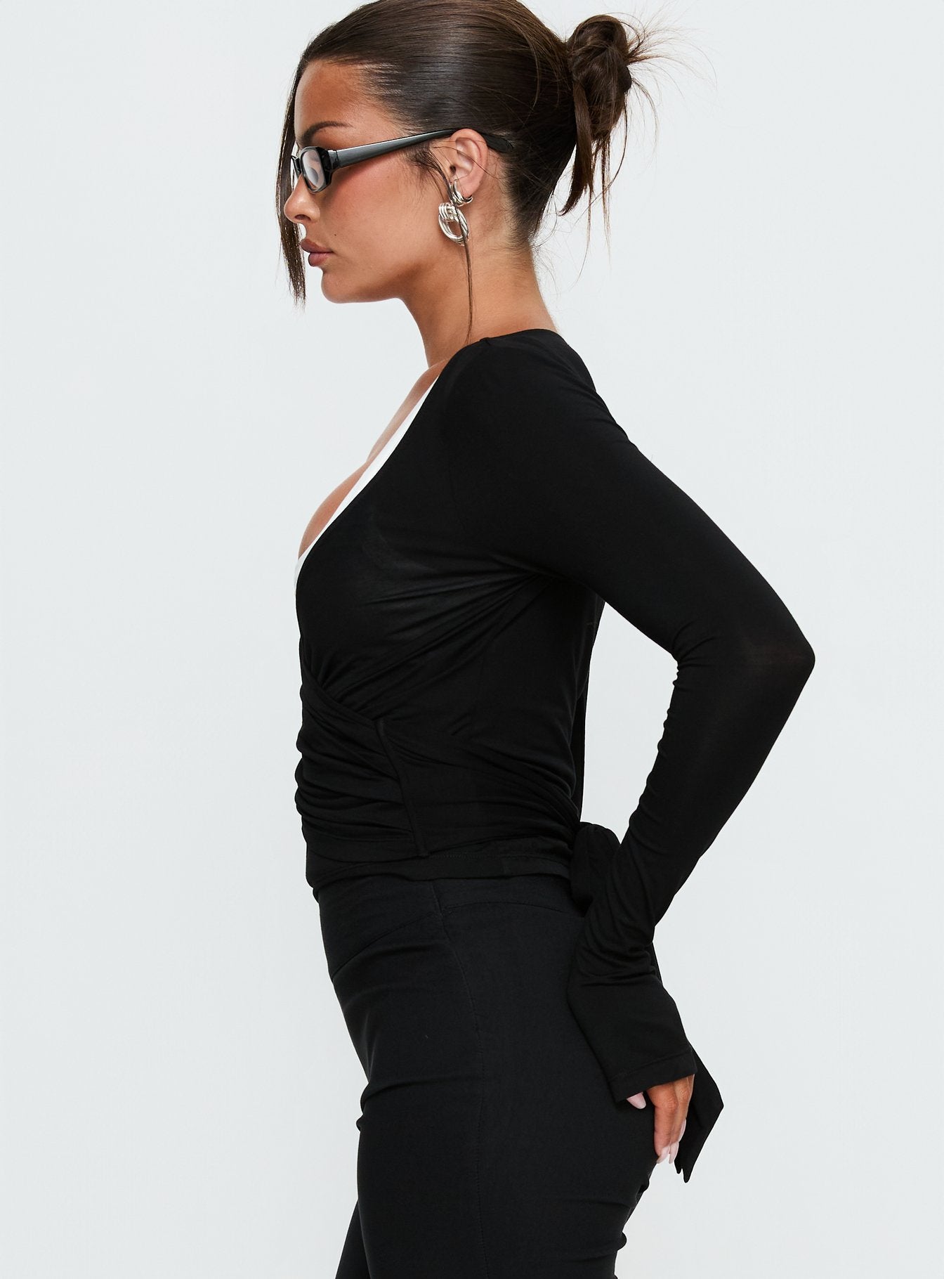 Sylka Long Sleeve Jersey Wrap Top Black | Princess Polly Sylka Long Sleeve Jersey Wrap Top Black | Princess Polly