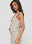 side view of model wearing Princess Polly Sofi Vest Top Beige Sleeveless V-Neck 