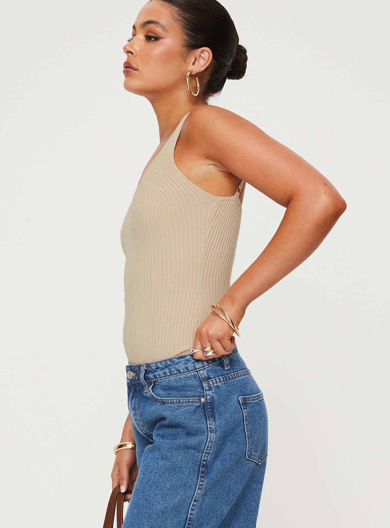 side view of model wearing Princess Polly Keenan Bodysuit Beige Sleeveless V-Neck 