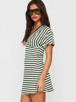 Arialla V Neck Short Sleeve Mini Dress Green / Charcoal Stripe