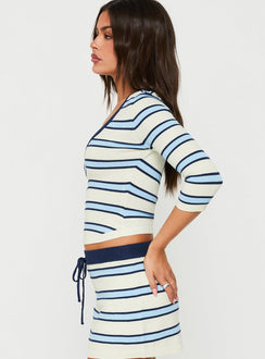 Kissie 3/4 Sleeve Saddle Hem Top Multi Stripe