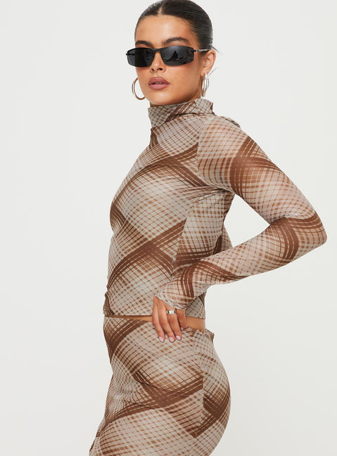 product Princess Polly Full Sleeves High Neck  Another Dreamer Long Sleeve Top Brown Check