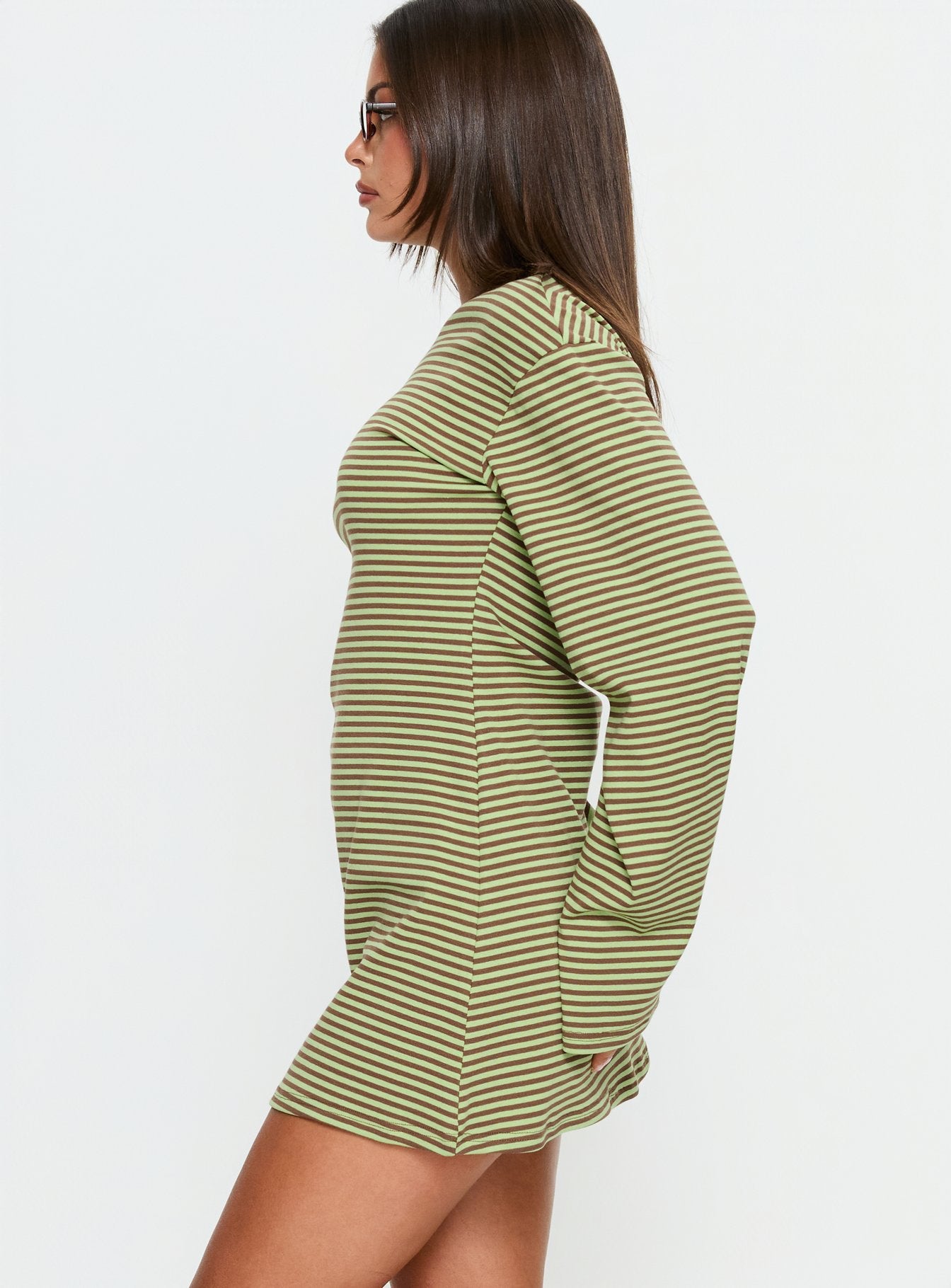 knee length dresses for ladies Isabella Long Sleeve Shirt Dress White Green Leaf – Girl In Mind main image 0
