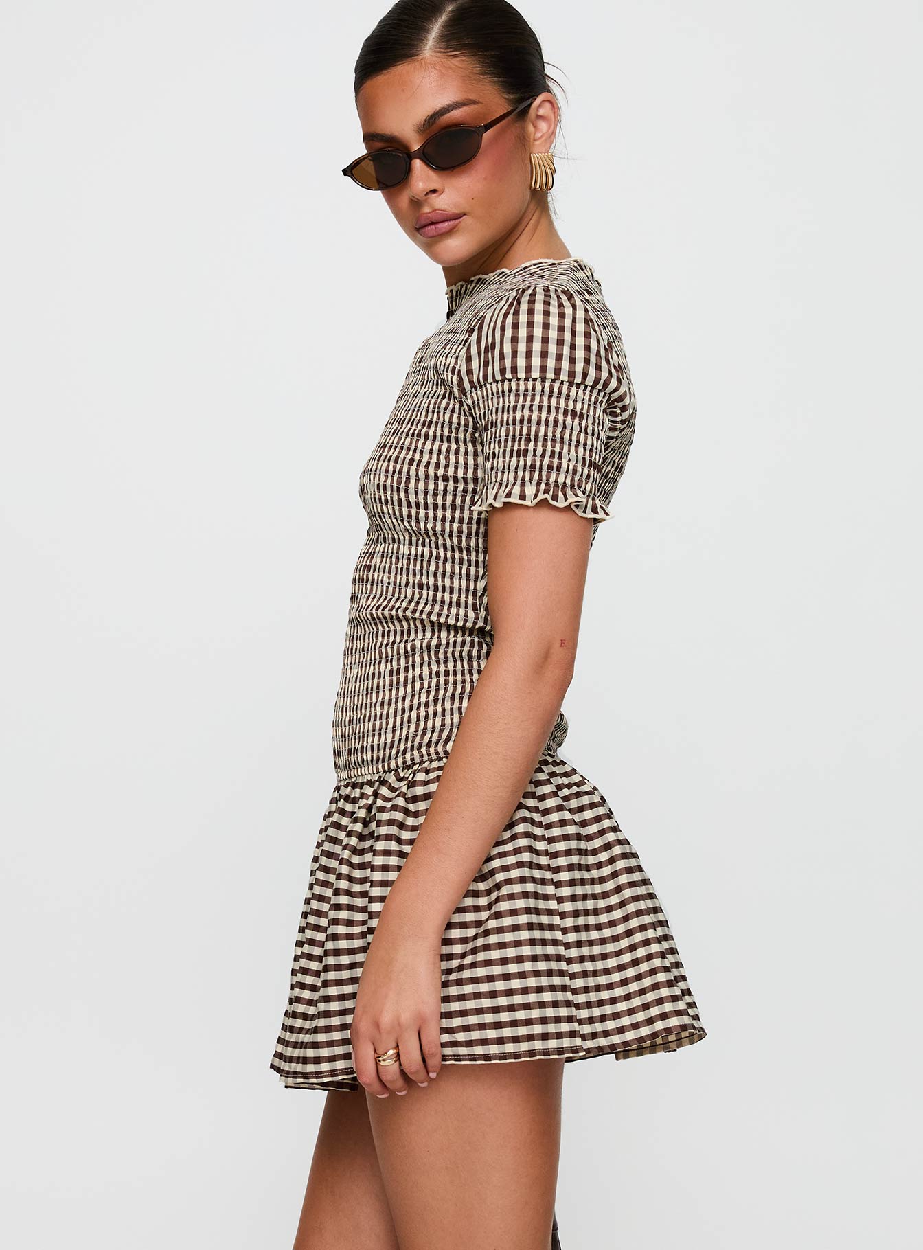 Laurita Shirred Mini Dress Brown Check | Princess Polly