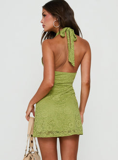 Nataliana Lace Halter Mini Dress Chartreuse