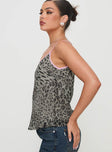 side view of model wearing Princess Polly Serenata Top Leopard Sleeveless Scoop Neck 