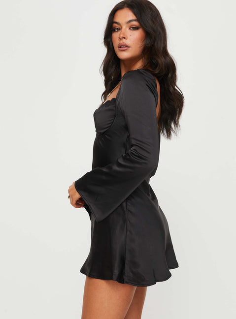 Princess Polly Moniz Lace Trim Long Sleeve Satin Minidress - Black Princess Polly Moniz Lace Trim Long Sleeve Satin Minidress - Black