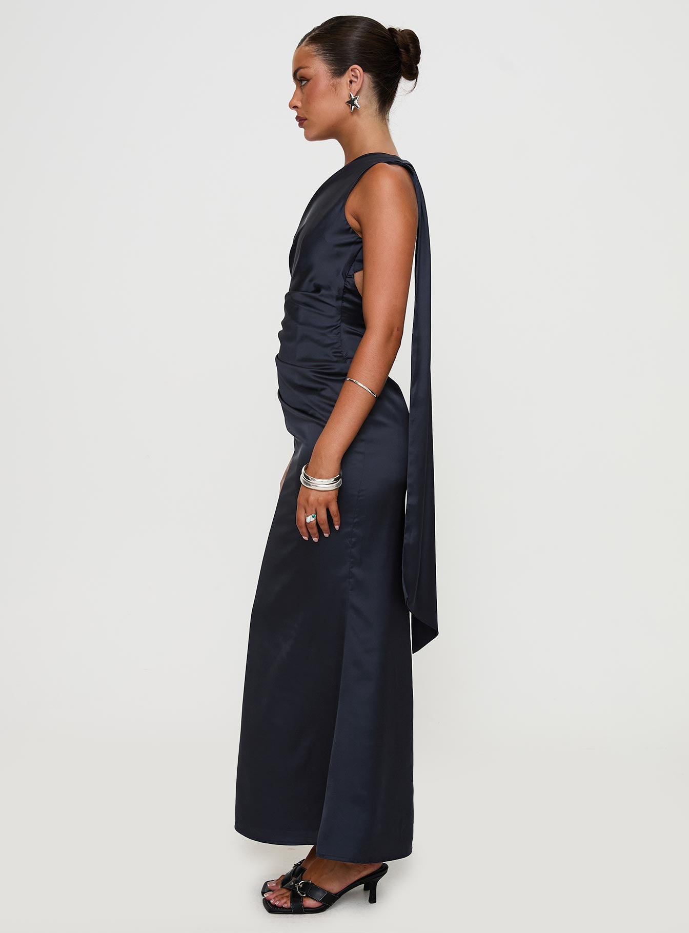 side view of model wearing Princess Polly Dulcia One Shoulder Maxi Dress Blue Asymmetric Neckline 