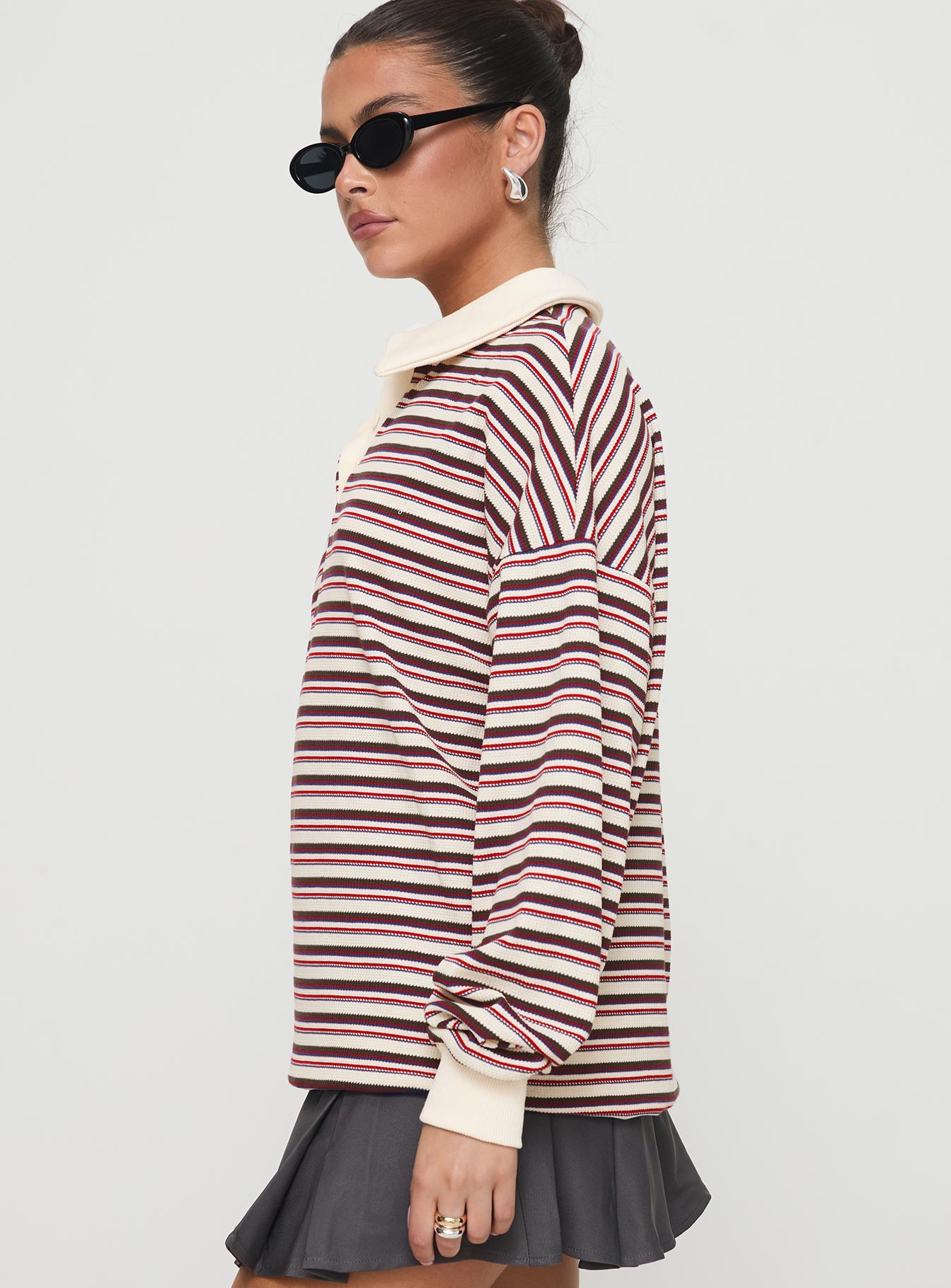 side view of model wearing Princess Polly Rierie Rugby Jersey Porcelain Multi Long 