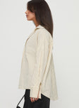 side view of model wearing Princess Polly Mallin Shirt Cream/Brown Stripe Full Sleeves V-Neck 