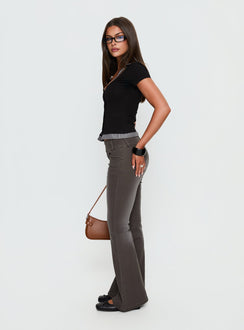 side view of model wearing Princess Polly Romea Low Waist Bootleg Jeans Dark Grey Low Rise Jeans 