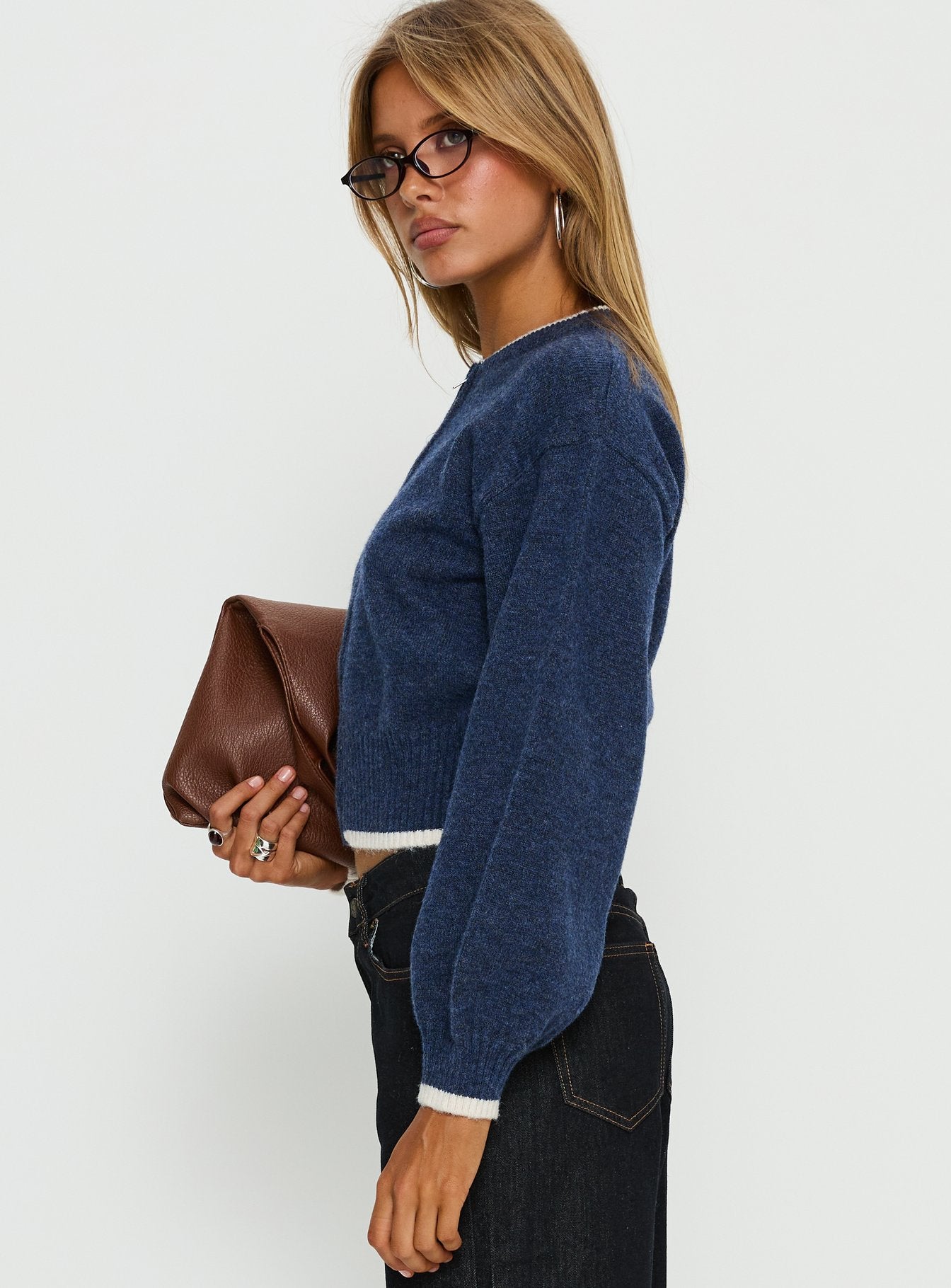 Amandi Zip Through Knit Jumper Navy / Cream | Princess Polly