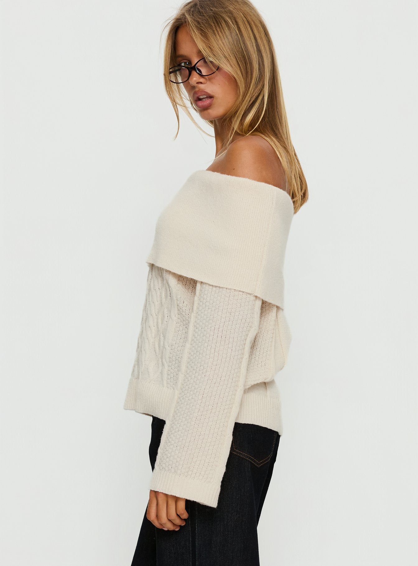 side view of model wearing Princess Polly Margarete Off Shoulder Knit Sweater Cream Longline Jumpers 