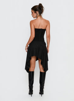 back view of model wearing Princess Polly Hevenna Asymmetrical Plisse Mini Skirt Black Diamante Mini Skirts 