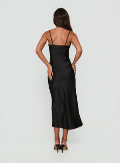 Declanna Satin Lace Trim Slip Midi Dress Black