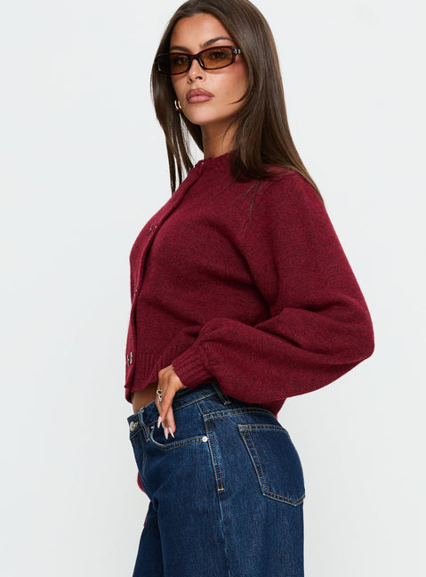 side view of model wearing Princess Polly Kammi Button Up Cardigan Red cropped 