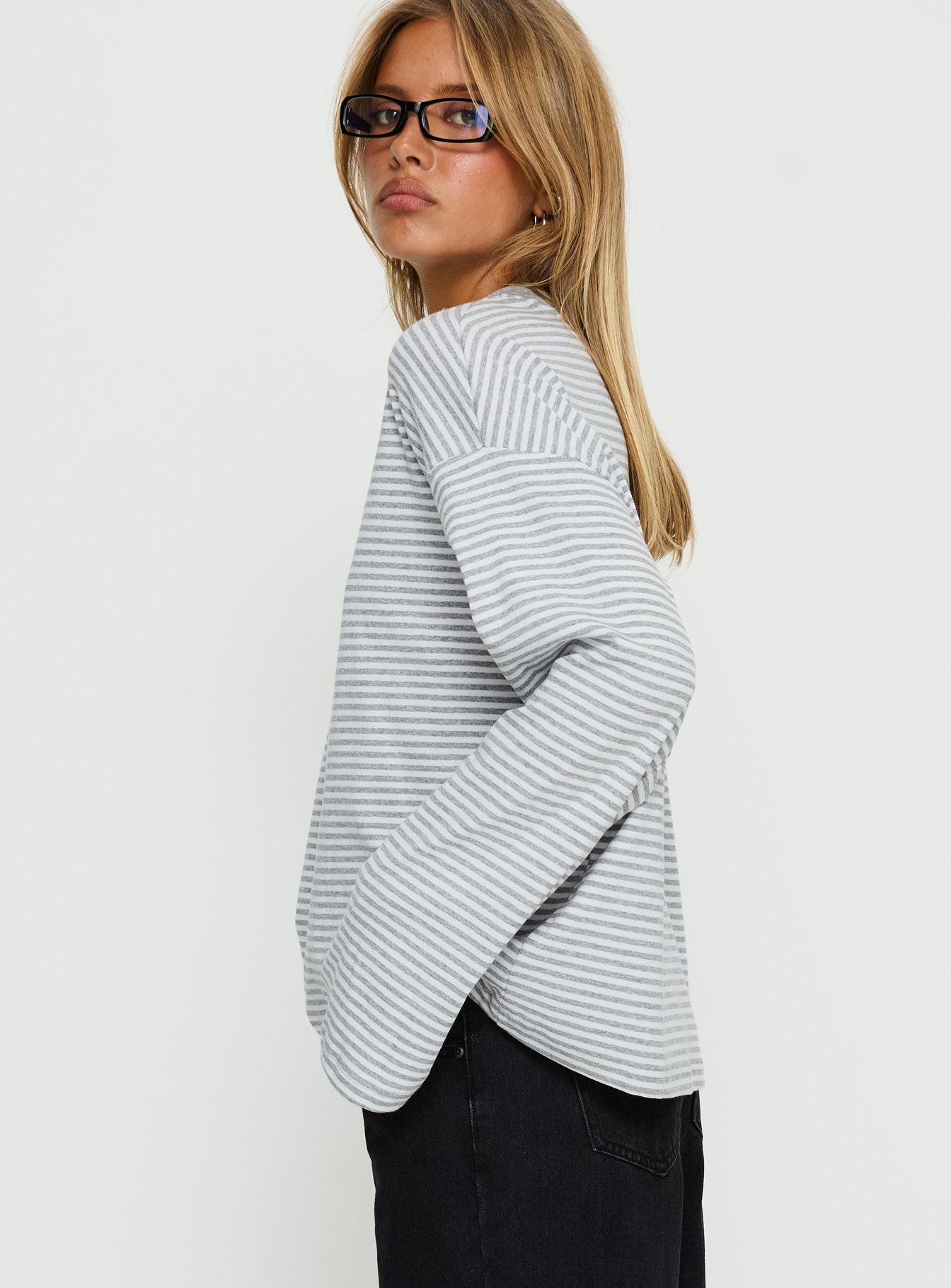 Settle Down Long Sleeve Top Grey / White Stripe
