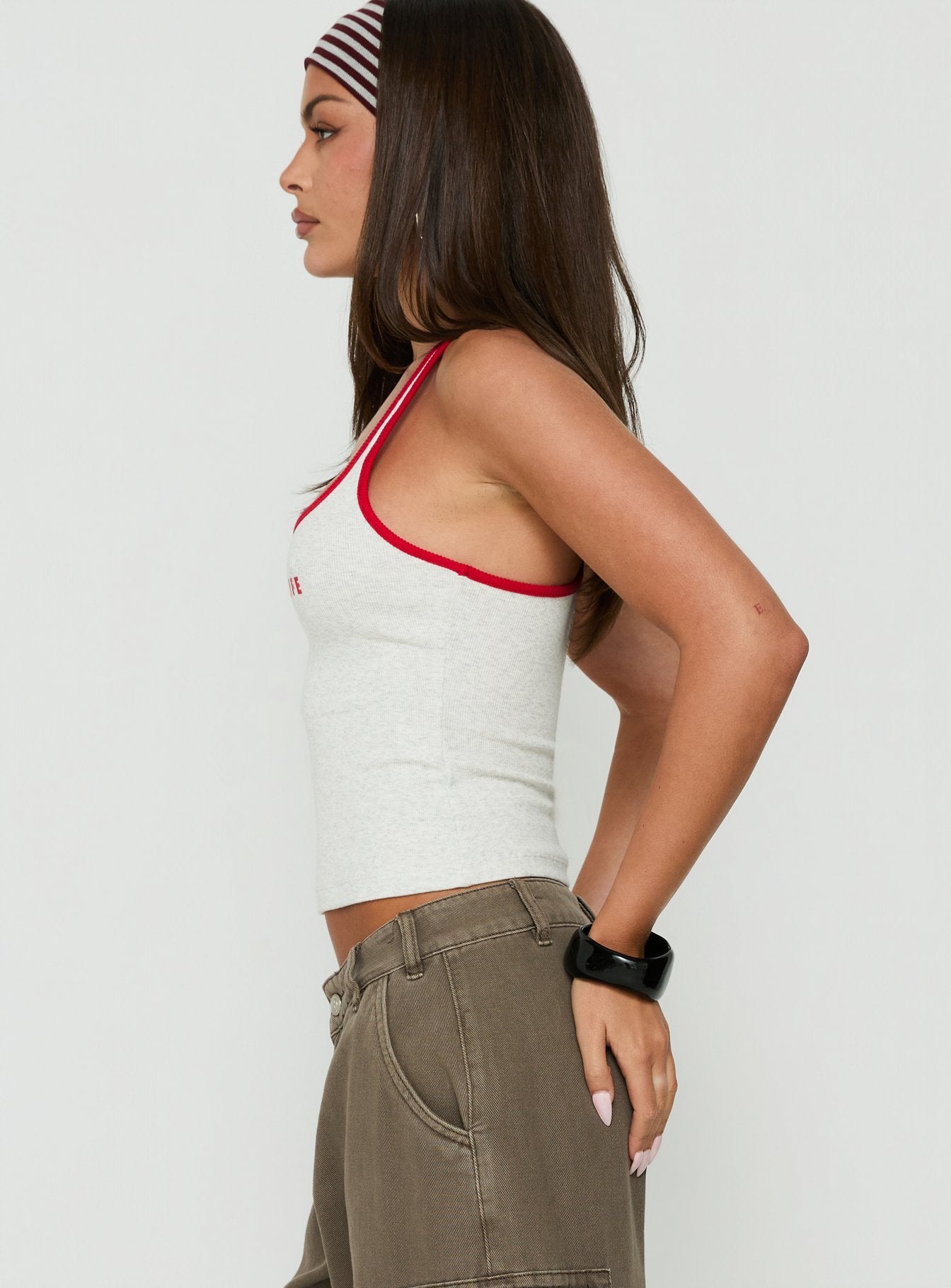 1800 Get A Life Graphic Racer Back Tank Grey / Red