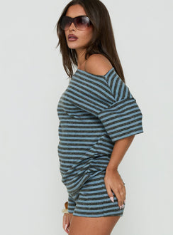 Wildlands Off Shoulder Tee Grey / Blue Stripe