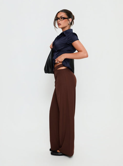 side view of model wearing Princess Polly Alys Cut Out Straight Leg Pant Brown Mid Rise Pants 