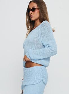 side view of model wearing Princess Polly Ravira Wide Neck Knit Sweater Blue cropped 