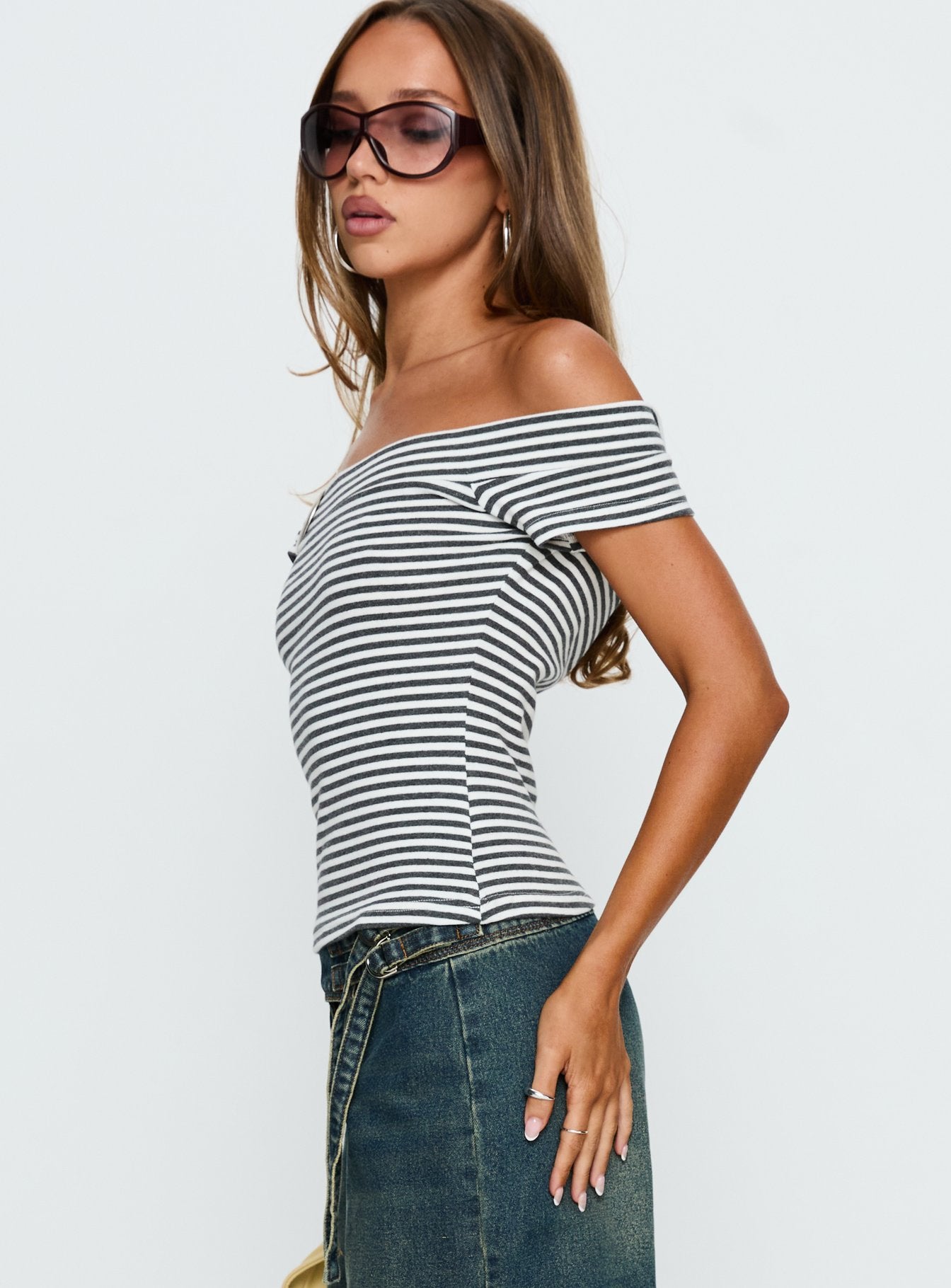 Kiela Off Shoulder Hardware Detail Top Grey / White Stripe