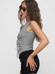 side view of model wearing Princess Polly Bowery Top Grey Sleeveless Crew Neck 