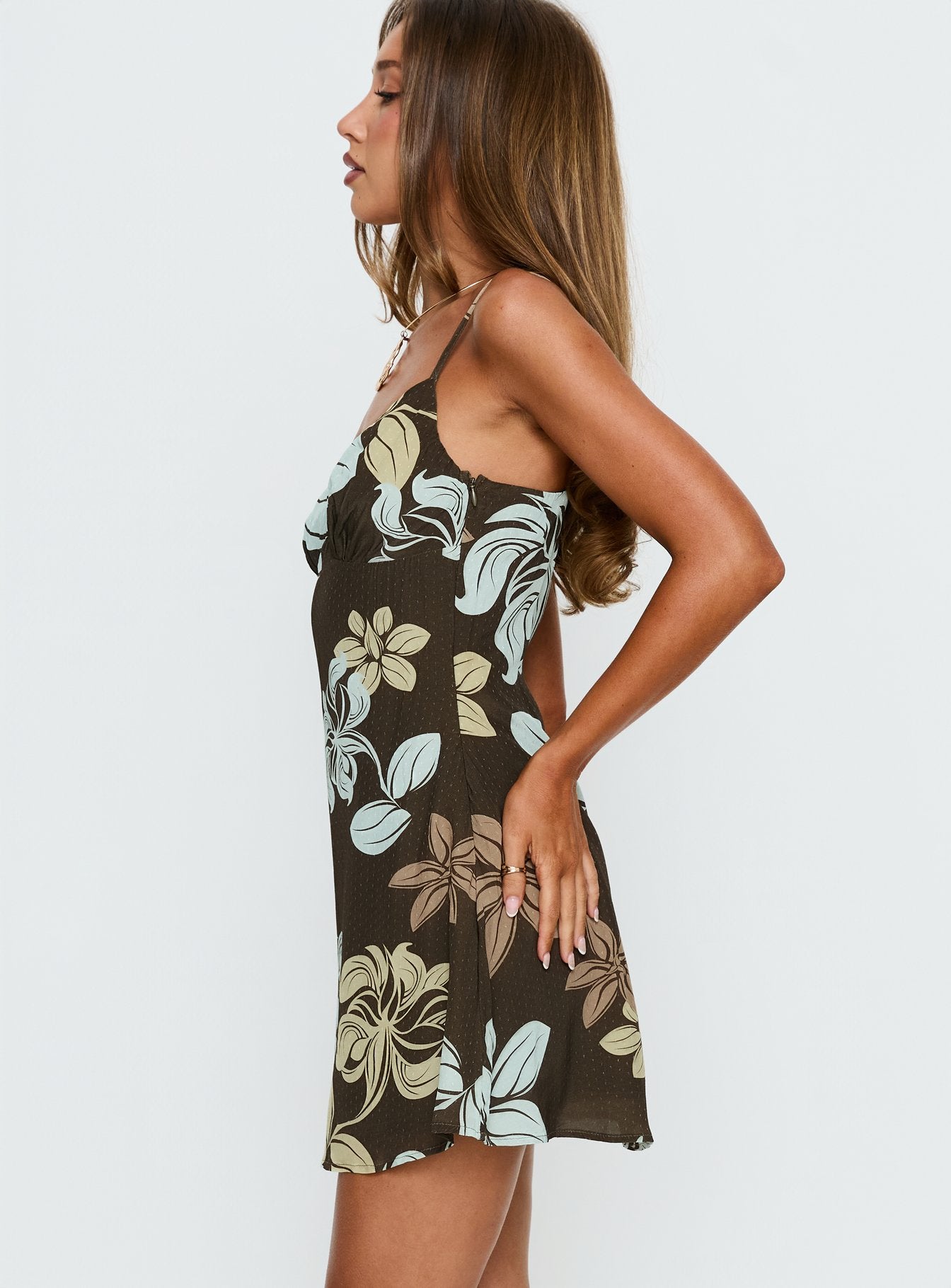 Jaye Mini Dress Brown / Blue Floral | Princess Polly Jaye Mini Dress Brown / Blue Floral | Princess Polly
