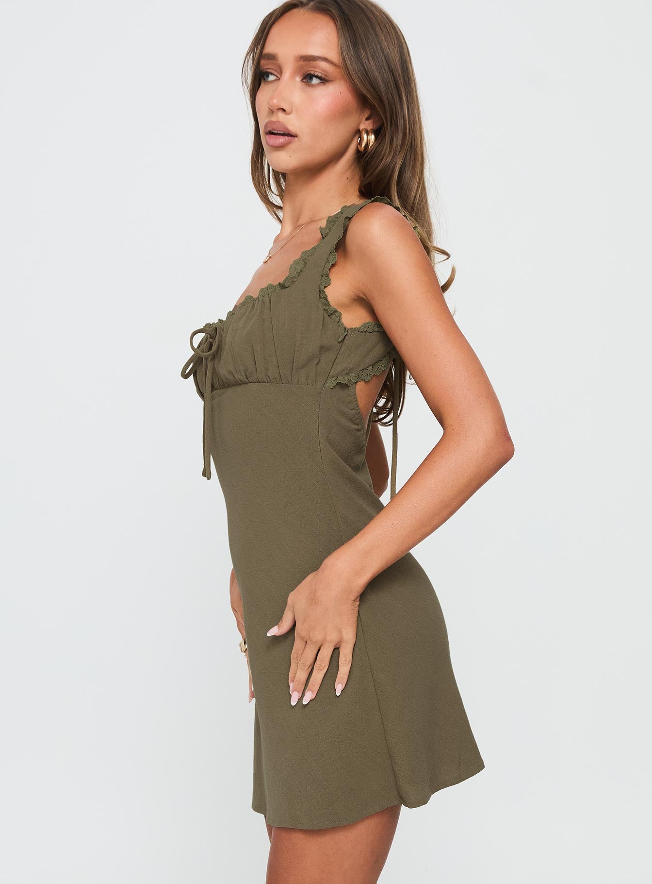 Lillette Frill Mini Dress Olive | | Womens | Princess Polly Lower Impact Lillette Frill Mini Dress Olive | | Womens | Princess Polly Lower Impact