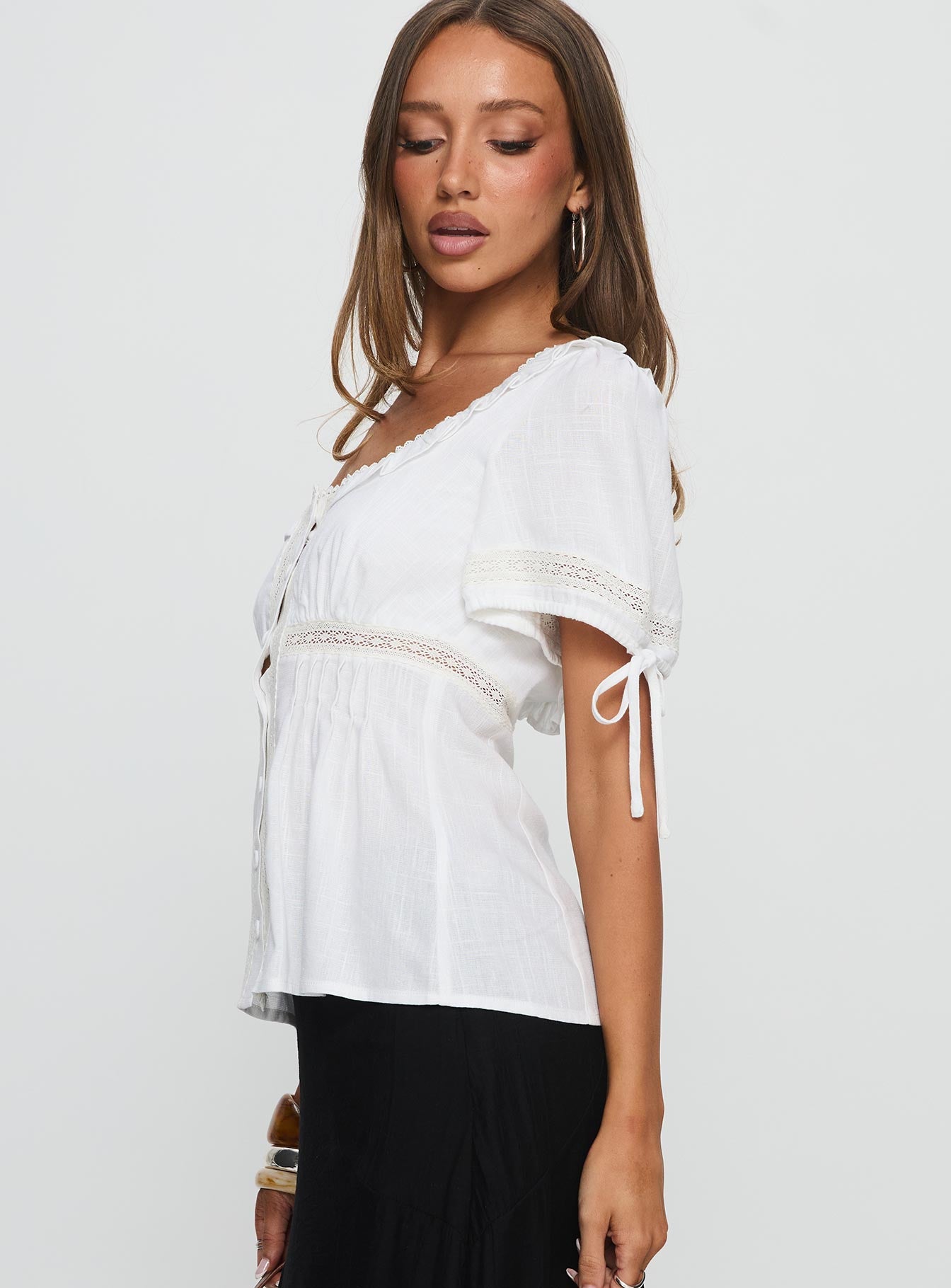 Indianah Pleat Lace Panel Blouse Top White | Princess Polly
