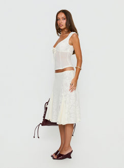   side view of model wearing Princess Polly Quani Lace Midi Skirt Cream Midi Skirts 